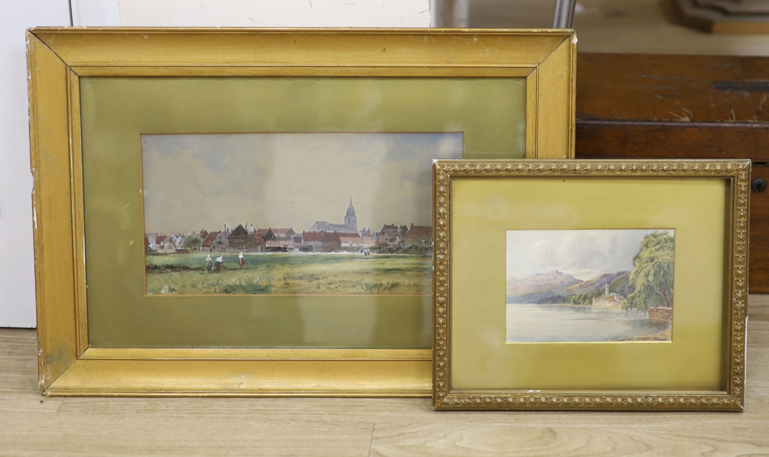 Circle of Thomas Bush Hardy, two watercolours, View of a town and Swiss lake scene, both bear signatures, 18 x 34cm and 12 x 18cm